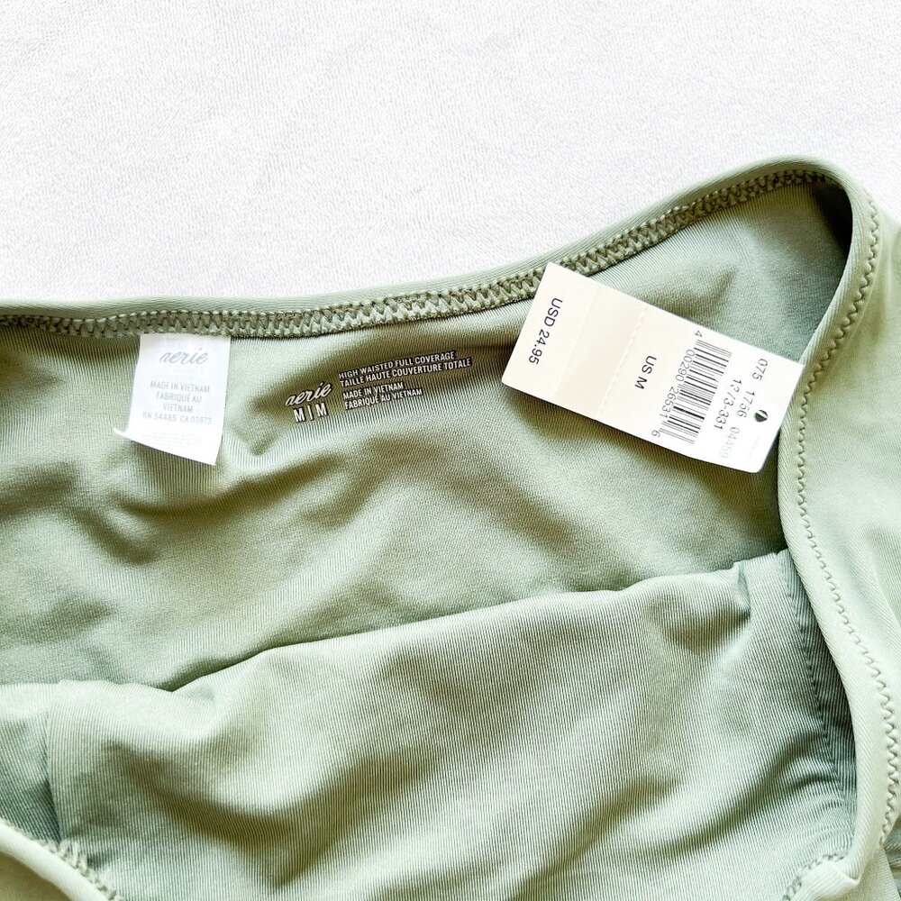 Aerie Ruched Side High Waisted Full Coverage Bikini Bottom - Olive Green - Picture 3 of 4